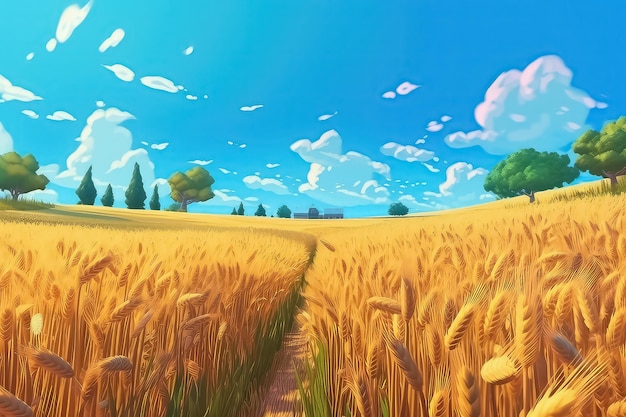 Photo yellow farming field with ripe wheat and blue sky with clouds above it