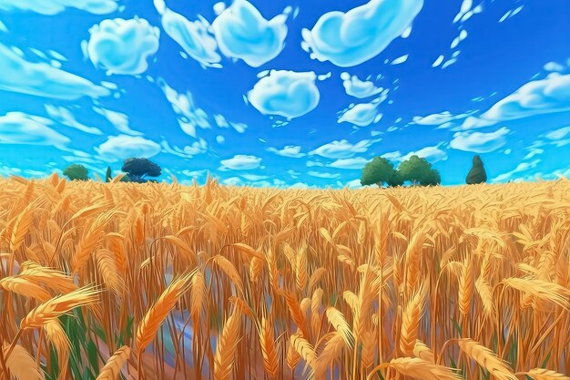 잘 익은 밀과 그 위에 구름이 있는 푸른 하늘이 있는 노란색 농지