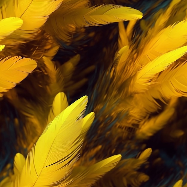 Yellow feathers are flying in the air in a field generative ai