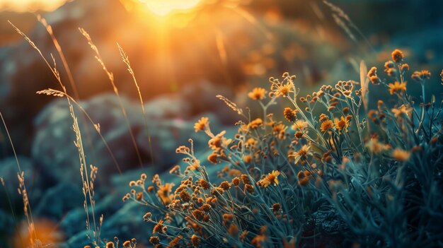 Yellow field flowers on sunset