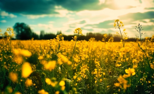 A yellow field with flowers in the sunlight with sky