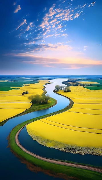 중간에 강이 있고 푸른 하늘이 있는 노란색 들판.