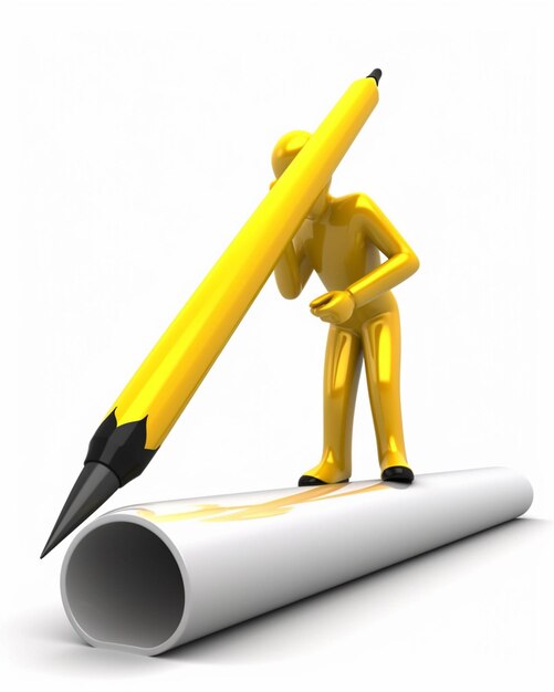 A yellow figure holds a pencil over a white sheet of paper.