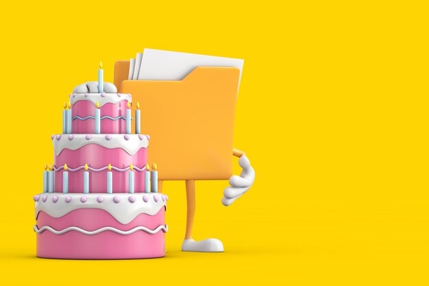 Foto iconica di cartella gialla personaggio di cartone animato mascotte con compleanno cartone animato dessert torta a livelli e candele rendering 3d