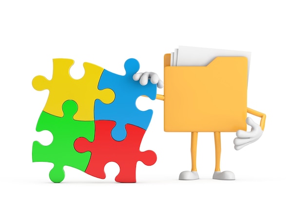 Foto iconica di cartella gialla personaggio di cartone animato mascotte con quattro pezzi di puzzle colorato rendering 3d