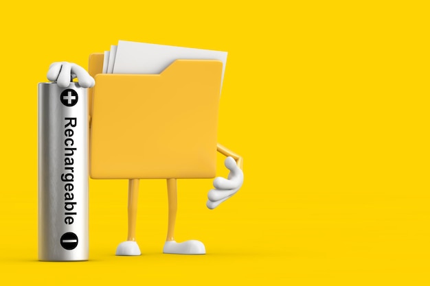 Фото Желтая икона папки файлов персонаж мультфильма талисман с перезаряжаемой батареей 3d рендеринг