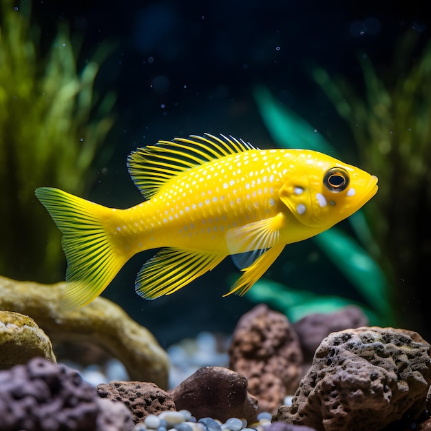 желтая рыбка плавает в аквариуме