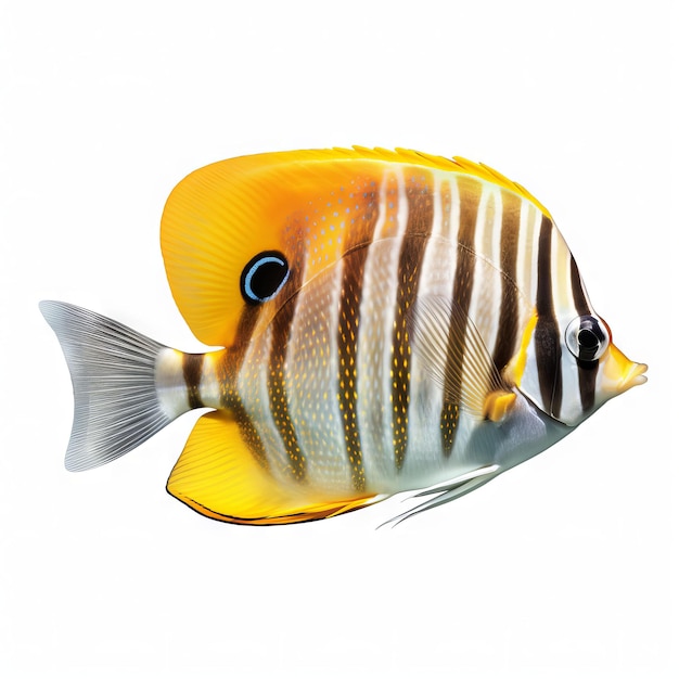 A yellow fish with black stripes and white stripes is shown.