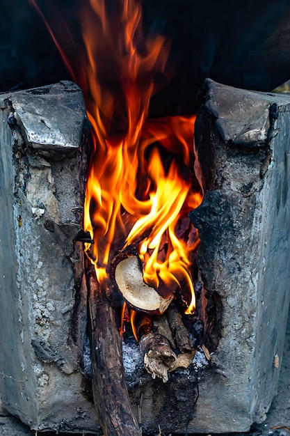 Fiamma gialla sul tronco nel forno.