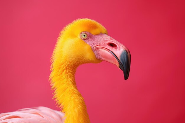 Yellow flamingo on pink background side view