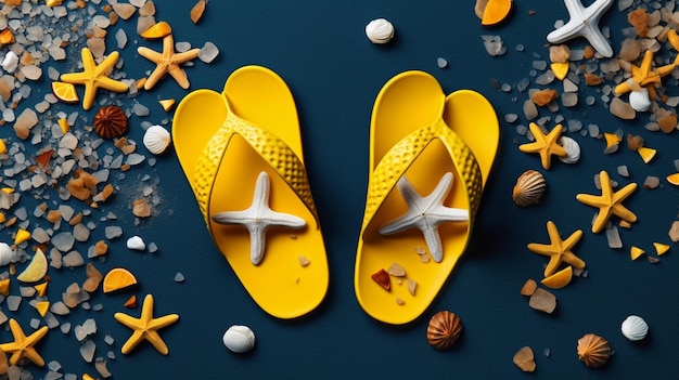 yellow flip flops with starfishs and shells on a blue surface generative ai