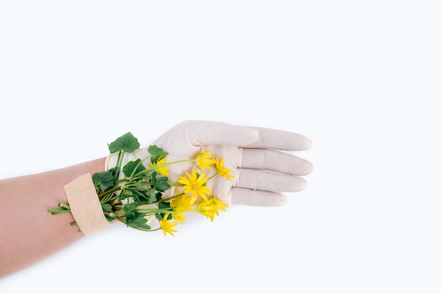 Желтый цветок скотч рука медицинская ковид 19 перчатка на белом фоне