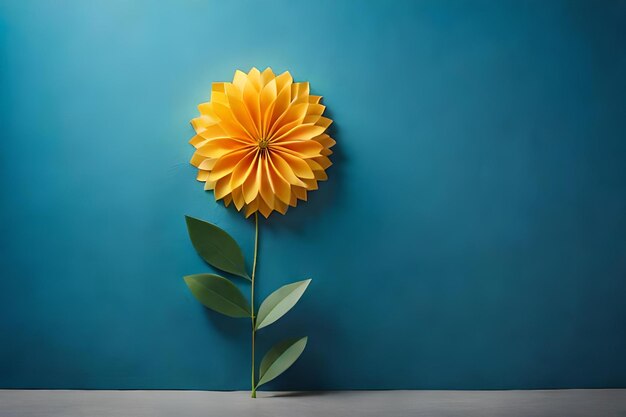 A yellow flower on a blue background with a green stem