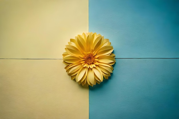 Photo a yellow flower on a blue tile with a blue background.