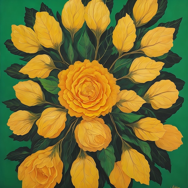 A yellow flower on a green background