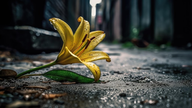 A yellow flower on the ground with the word lily on it