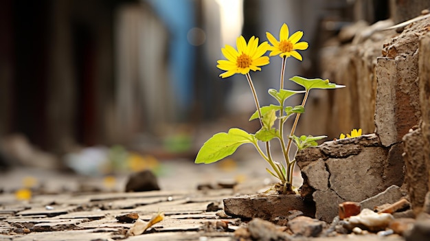 a yellow flower growing out of a crack in the ground