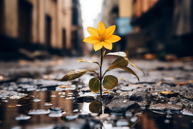 Photo a yellow flower growing out of a puddle in the middle of an urban street