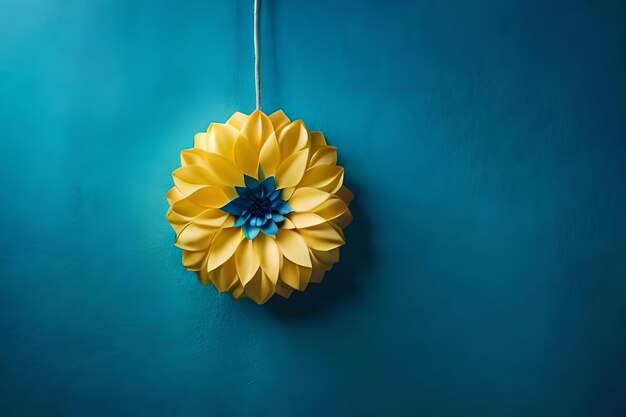 Yellow flower hanging on a blue wall