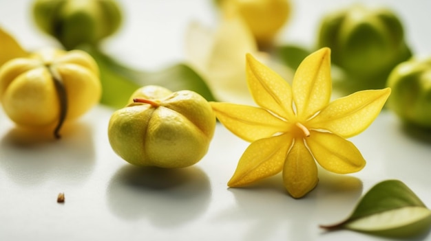 A yellow flower is cut into a star shaped flower.