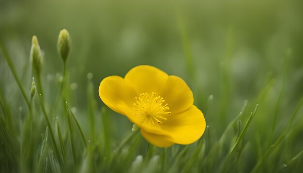 a yellow flower is in the grass with the green grass in the background