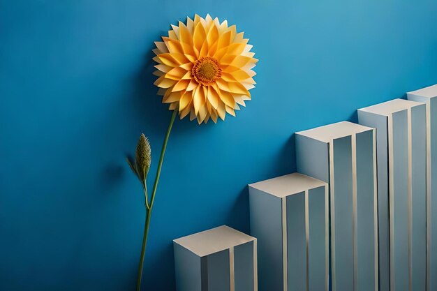 A yellow flower is growing out of a blue wall