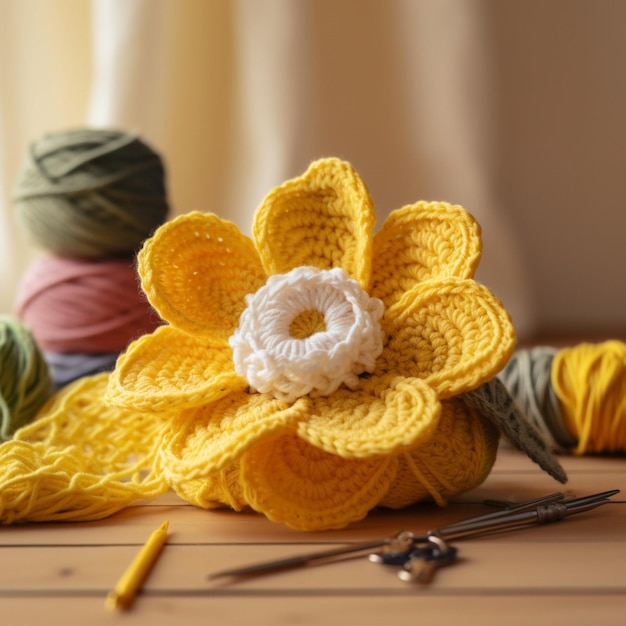 A yellow flower made with yarn and yarn.