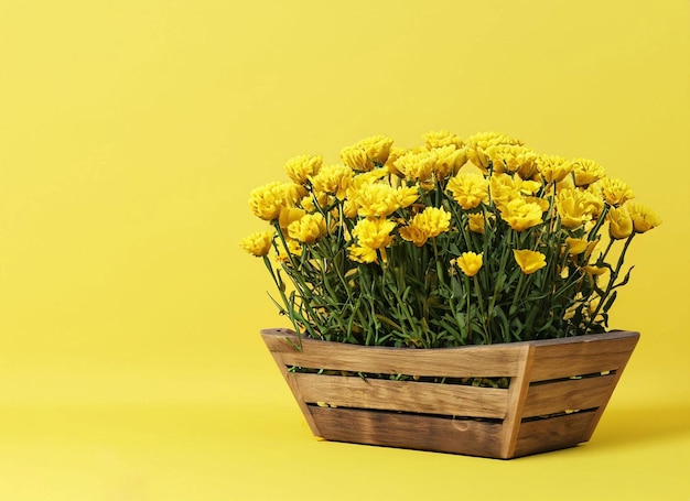 A yellow flower pot with a bunch of flowers in it