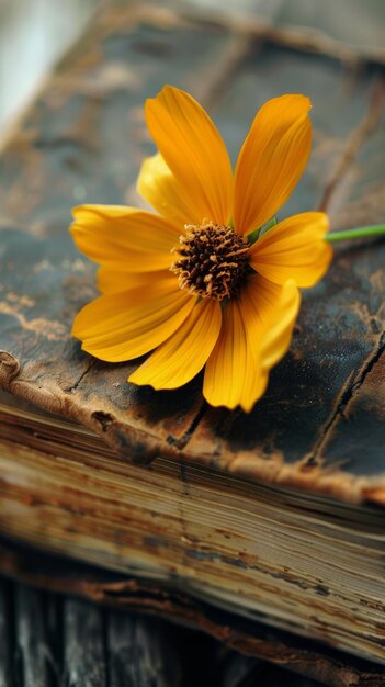 Yellow flower resting on an old book