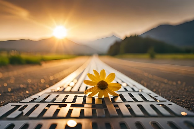 Photo a yellow flower sits on a road in front of a sunset.