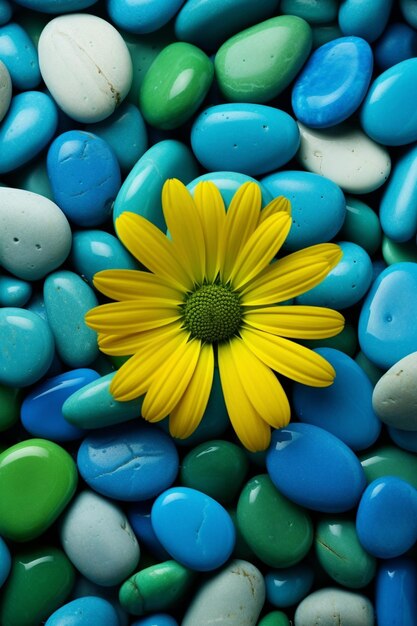 Yellow flower sitting on top of a pile of blue and green rocks generative ai