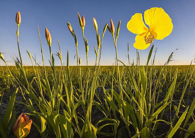 Foto un fiore giallo si staglia contro il cielo blu.