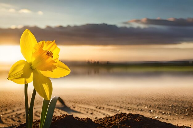 A yellow flower stands in the sand at sunset