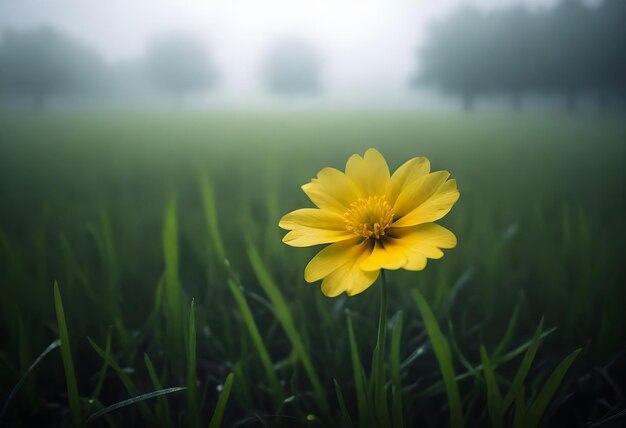 Желтый цветок, окруженный зеленой травой с зеленым размытым фоном