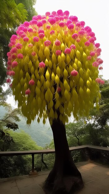 A yellow flower tree with a green background