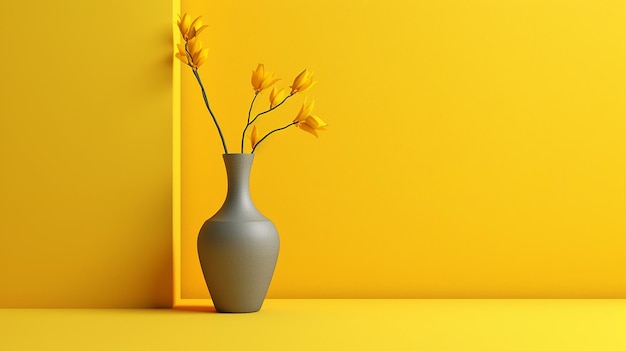 A yellow flower in a vase is on a table.