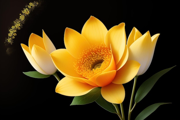 A yellow flower with a black background