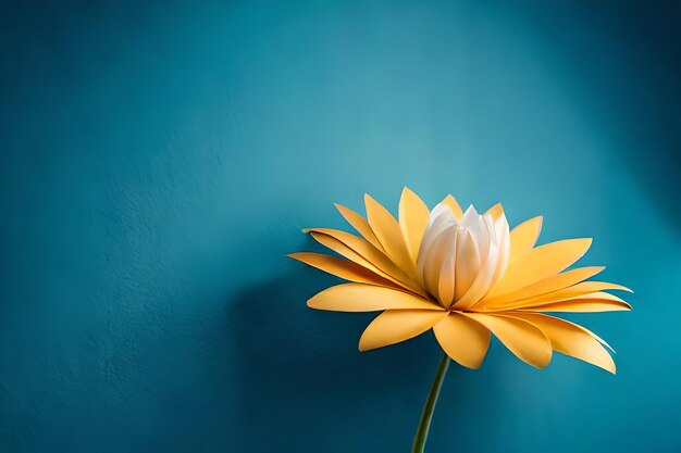 Yellow flower with a blue background with the text