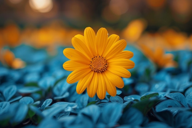 노란색 꽃의 중심이 파란색의 꽃의 중간에 있습니다.