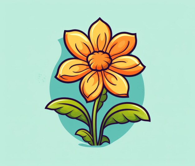 A yellow flower with green leaves on a blue background