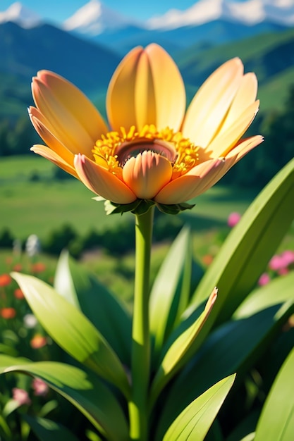 A yellow flower with a green stem