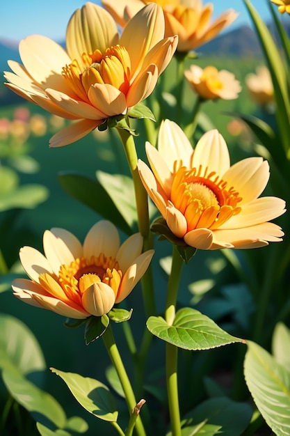 A yellow flower with a red center is surrounded by green leaves.