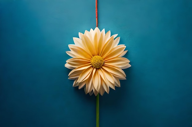 A yellow flower with a red ribbon on it is on a blue background