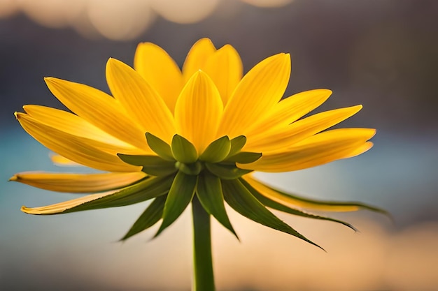 a yellow flower with the sun behind it