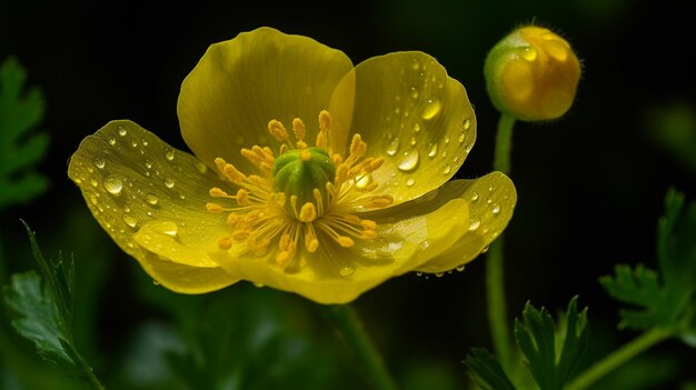 Foto un fiore giallo con gocce d'acqua su di esso