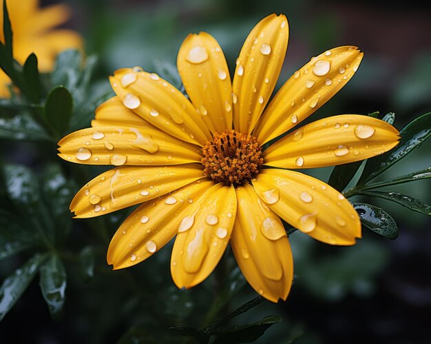 Желтый цветок с капельками воды на нем