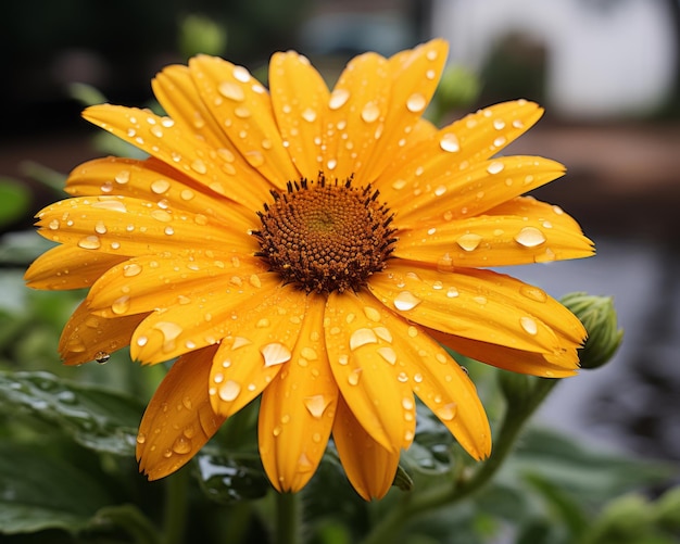 a yellow flower with water droplets on it