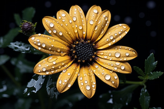 a yellow flower with water droplets on it