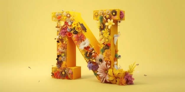 A yellow flowered alphabet with the letter n in the middle.