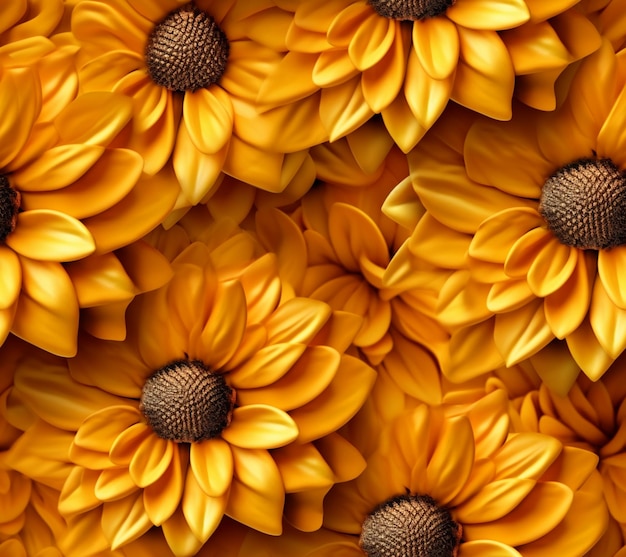 Yellow flowers are arranged in a large group on a table generative ai